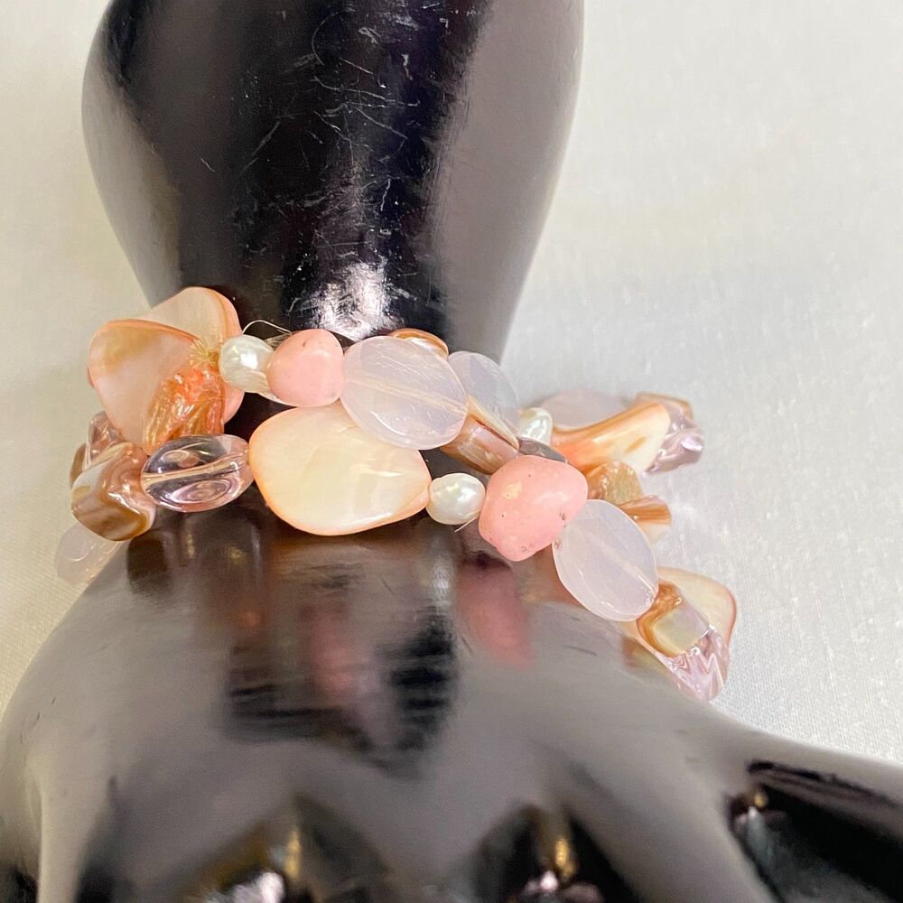 💎Soft Pink Shell Stone Stretch Bracelet Set Of 3 Boho Stacking
